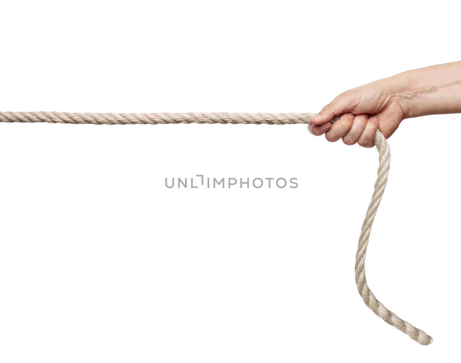 close up of a hand pulling a rope on white background