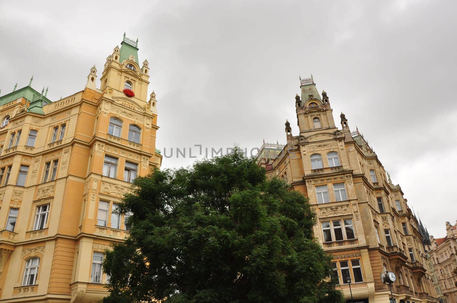 Low angle view of classic apartment buildings in Prague, Czech Republic