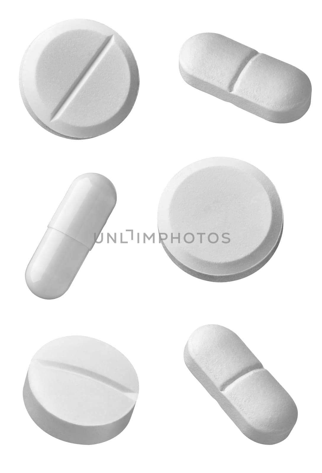 collection of various white pilsl on white background