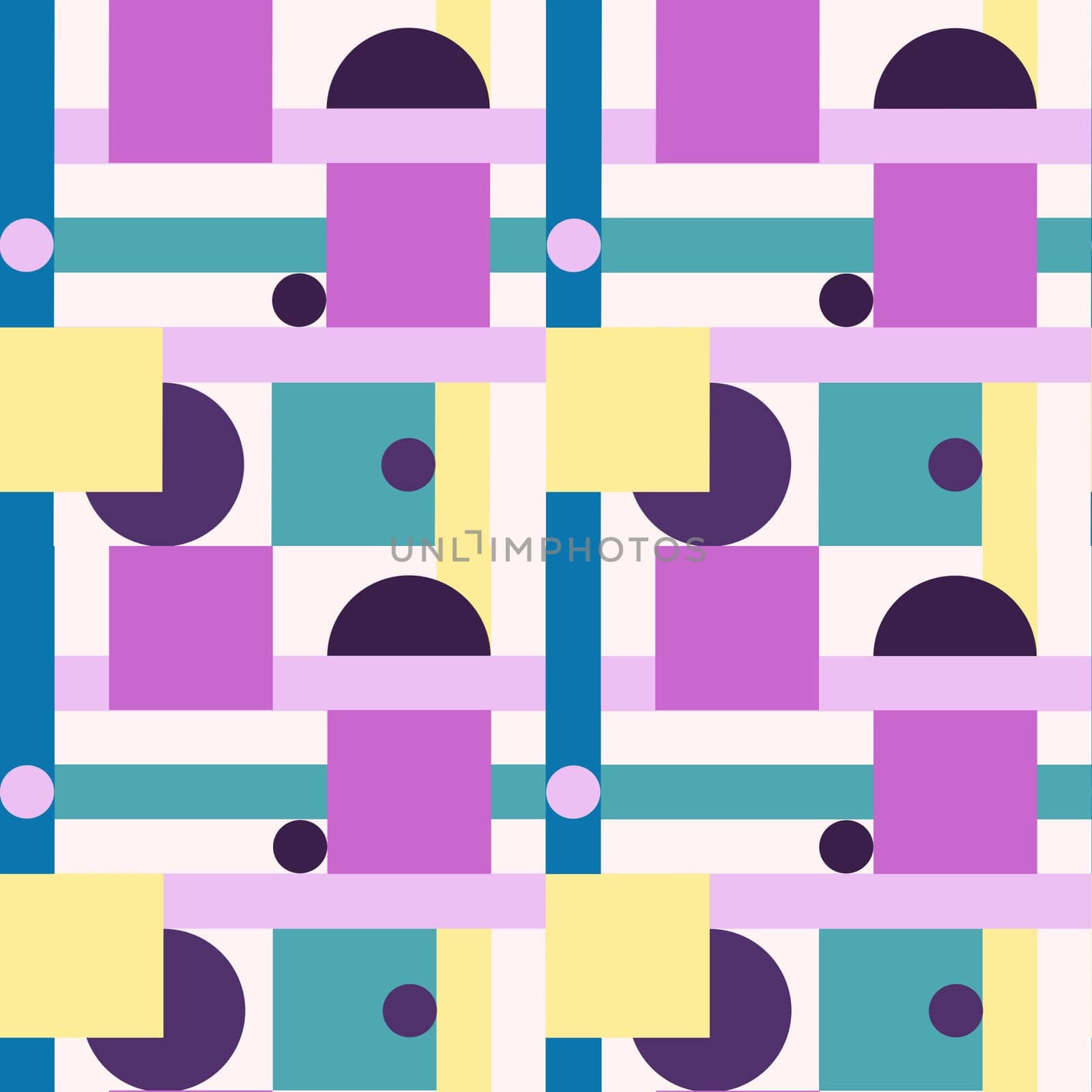 Hand drawn seamless pattern in abstract geometric style, purple blue turquoise yellow shapes squares lines circles. Mid century modern bauhaus print, 60s 70s poster wallpaper decor, colorful bright design in memphis ornament