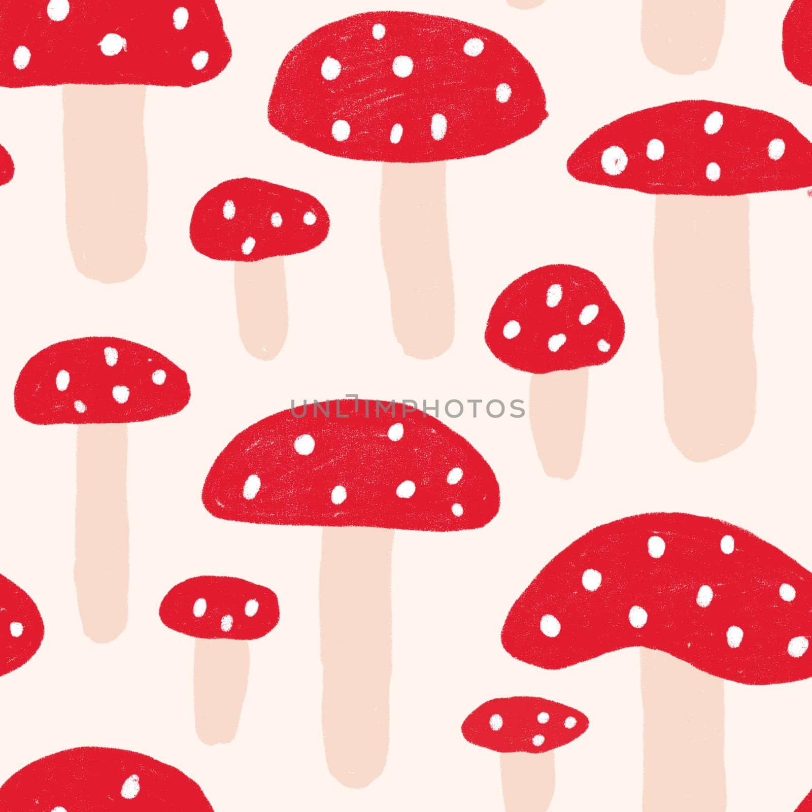 Watercolor hand drawn seamless pattern illustration of amanita muscaria mushrooms with red caps in forest wood woodland. Children funny cartoon style textile wallpaper