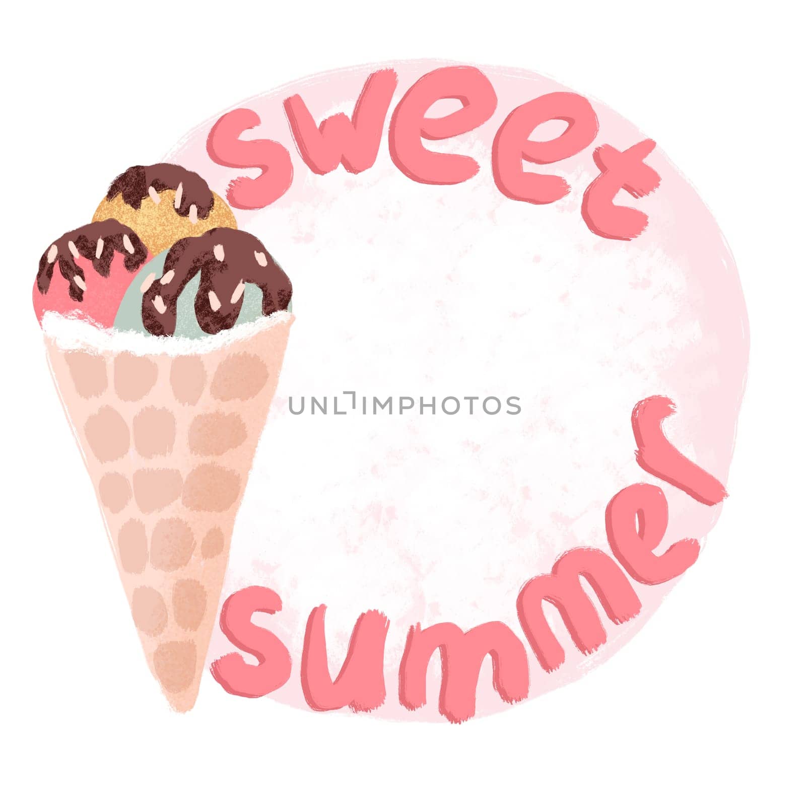 Hand drawn round frame with ice cream in cone, retro vintage style. Pink mint yellow round shape with chocolate, sweet tasty summer holiday food, fun design for colorful beach art. Tasty dessert sweet summer round shape