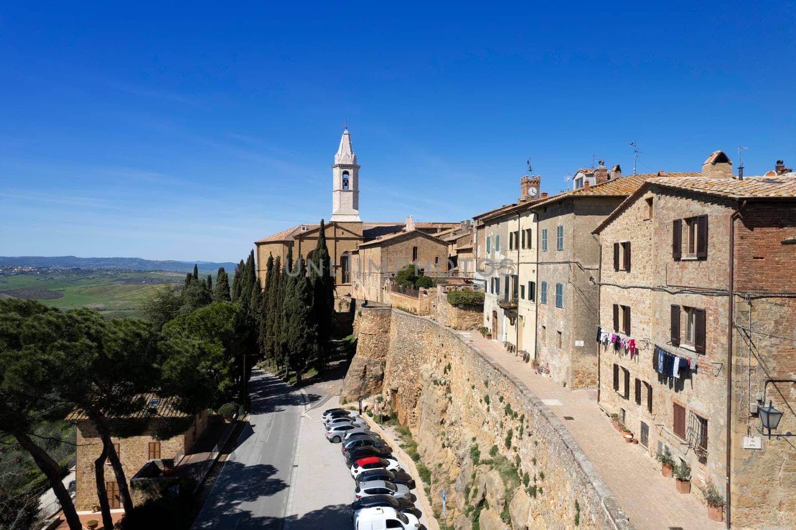 Aerial photographic documentation of the medieval village of Pienza Siena Italy 