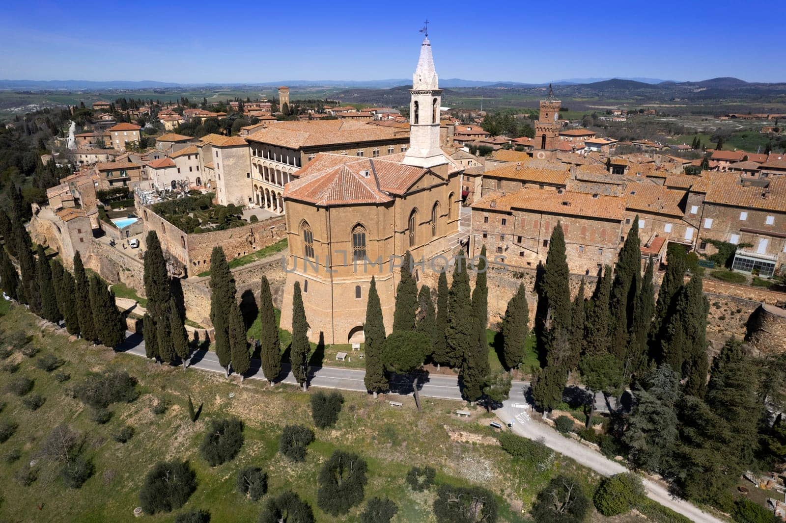 Aerial photographic documentation of the medieval village of Pienza Siena Italy 