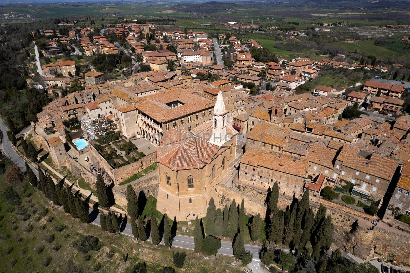 Aerial photographic documentation of the medieval village of Pienza Siena Italy 