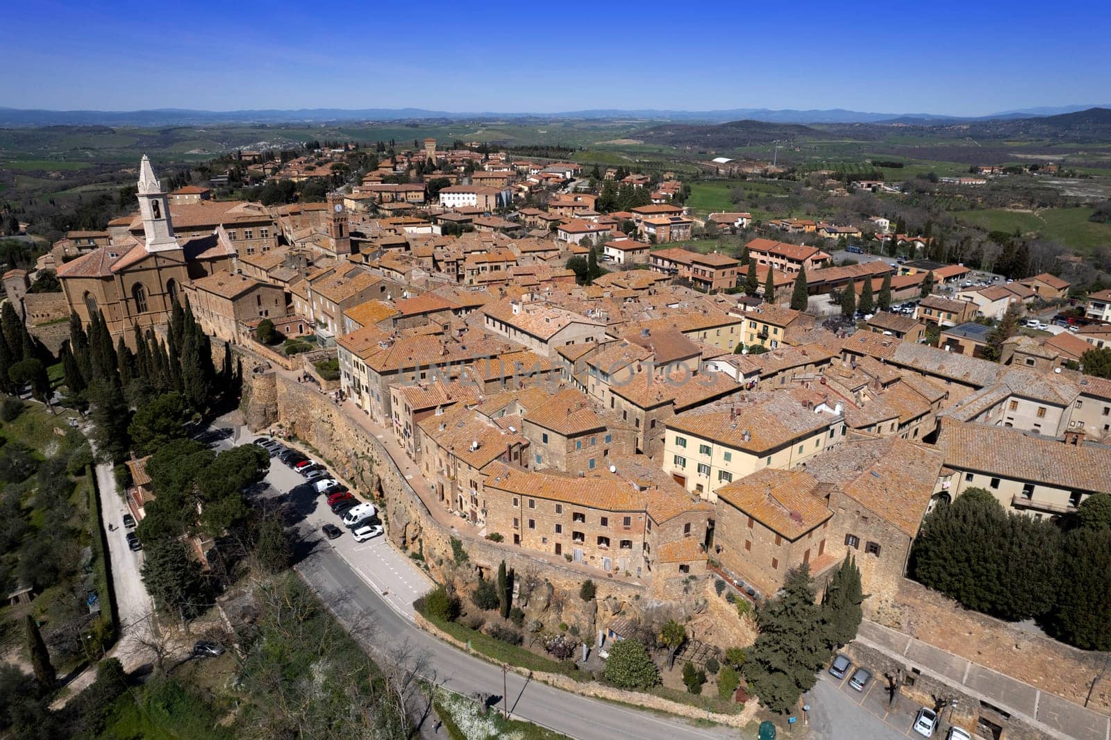 Aerial photographic documentation of the medieval village of Pienza Siena Italy 