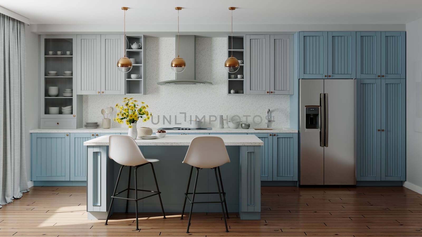 Blue kitchen interior with island. Stylish kitchen with white countertops. by N_Design