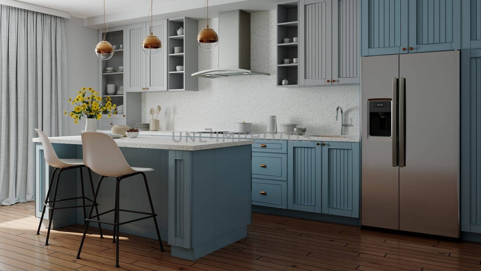 Blue kitchen interior with island. Stylish kitchen with white countertops. by N_Design