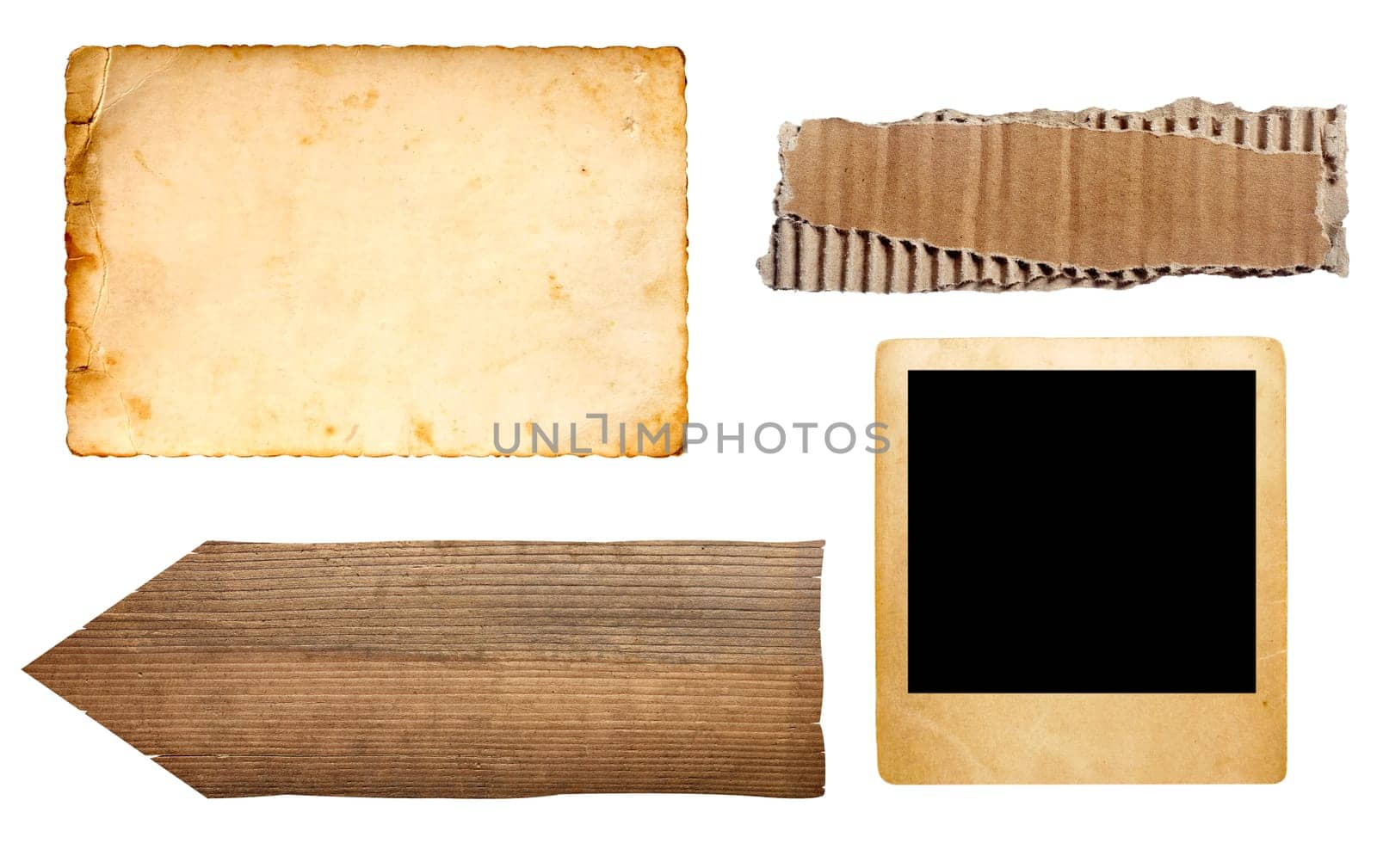 collection of various vintage note paper, tape, price label, wood sign on white background
