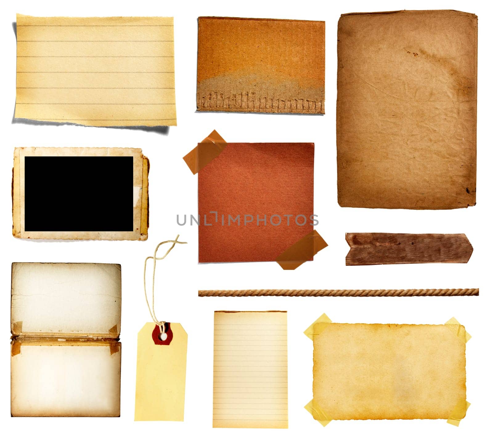 collection of various vintage note paper, tape, price label, wood sign on white background