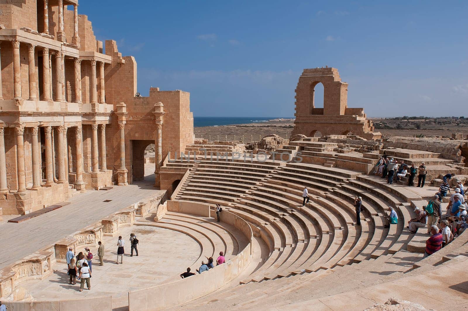 Archaeological Site of Sabratha, Libya - 10/31/2006:  Tourists at the Theatre of the ancient Phoenician city of Sabratha