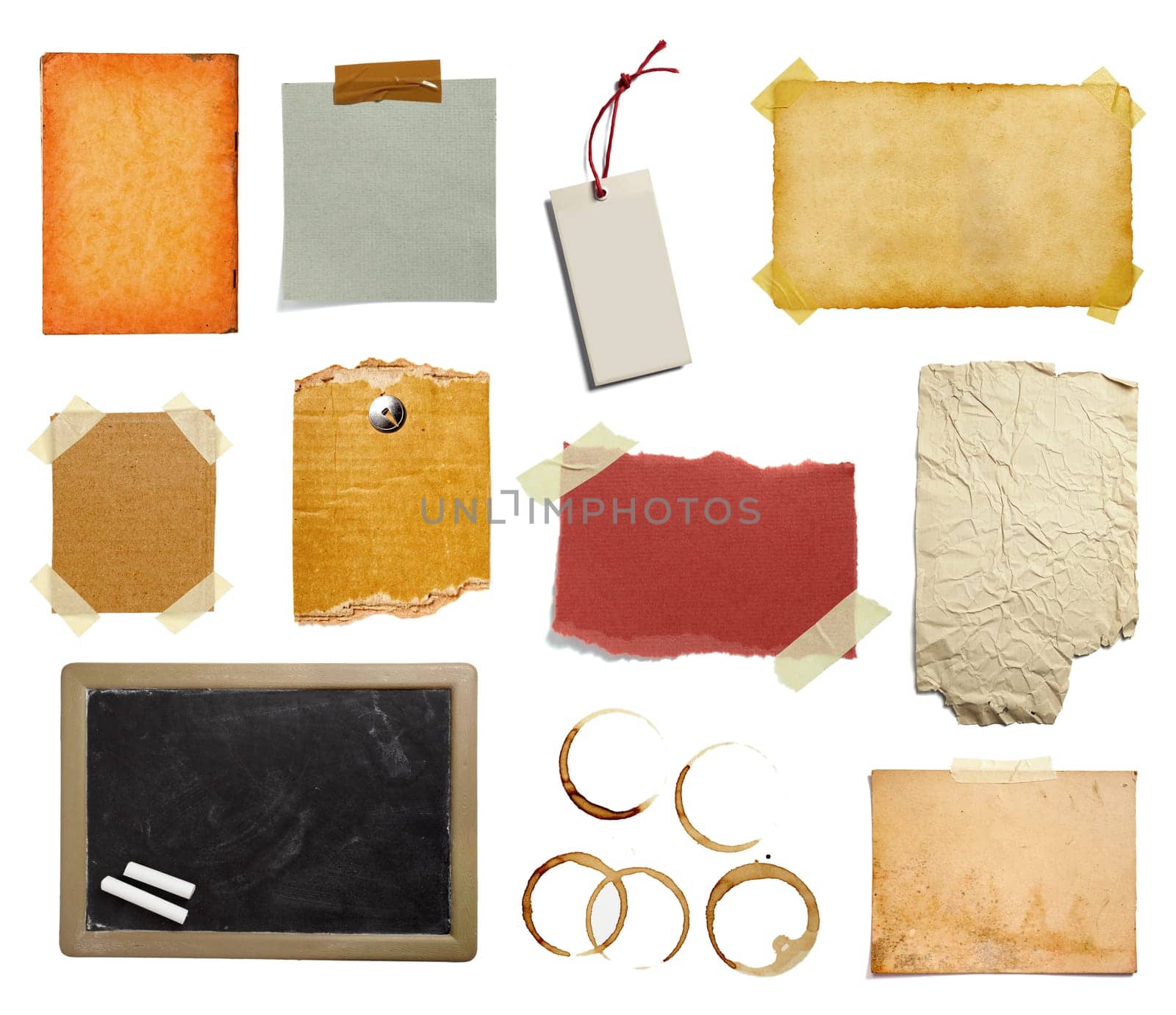 collection of various vintage note paper, tape, price label, wood sign on white background