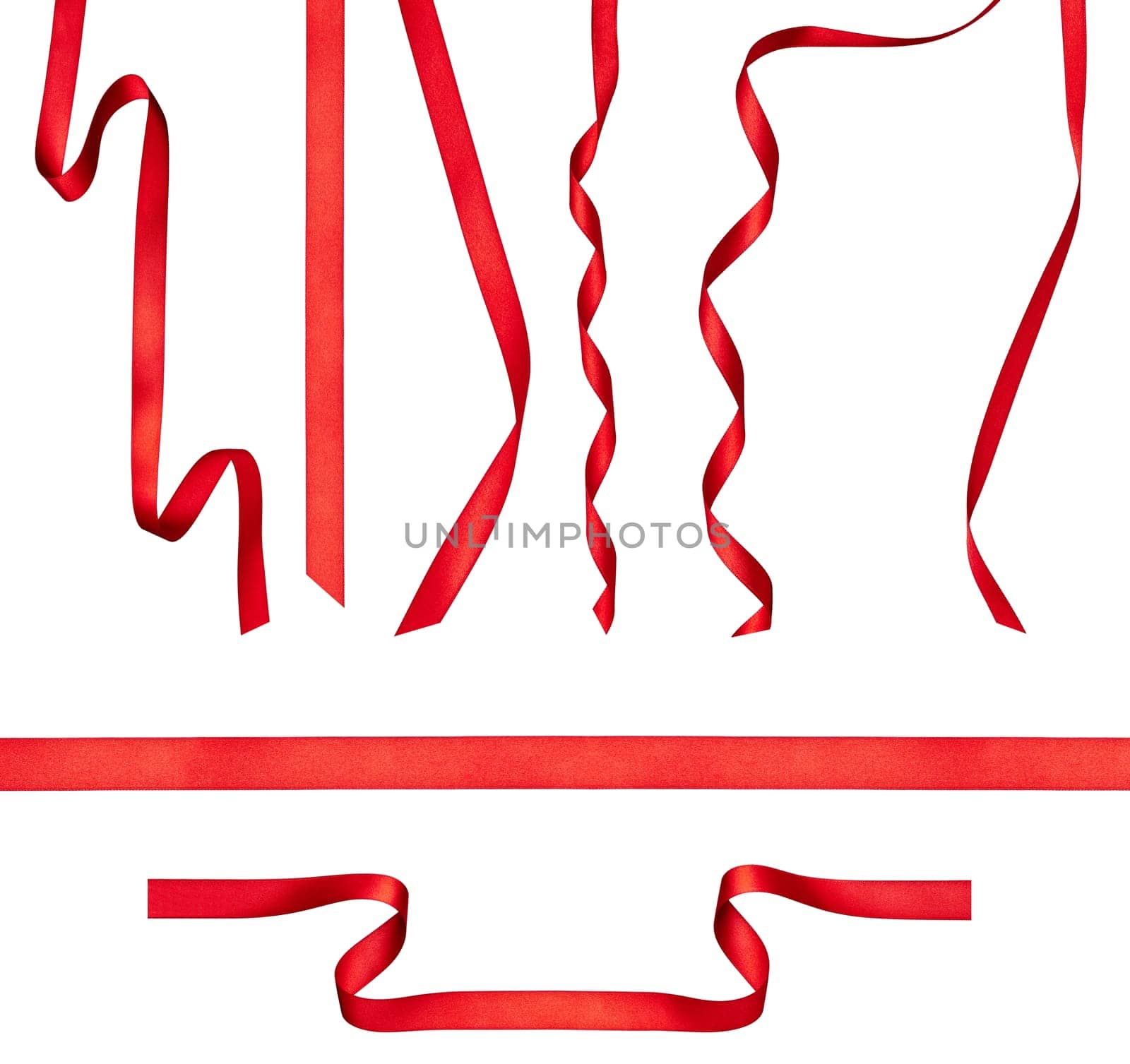 collection of various red ribbon pieces on white background. each one is shot separately