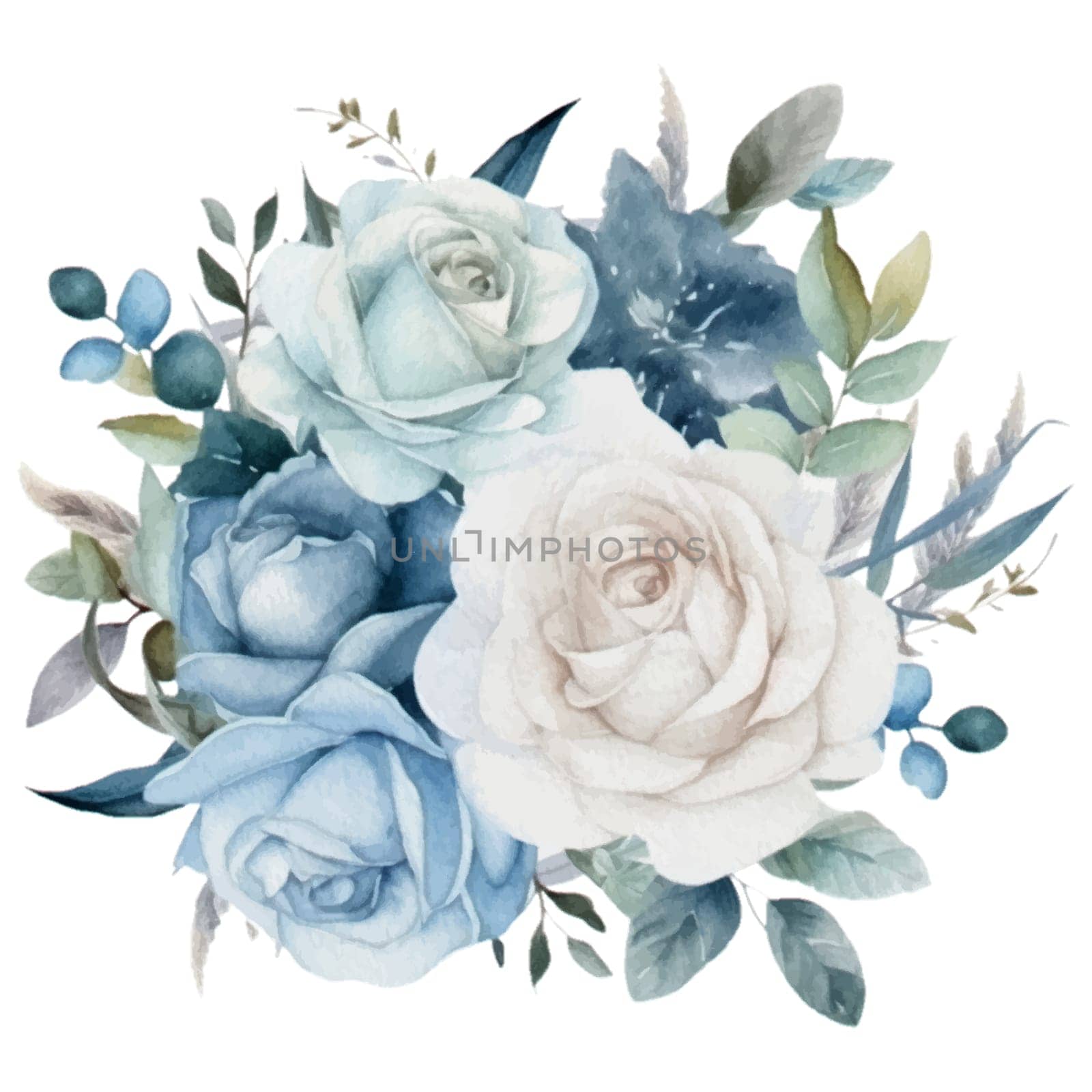 Blue Pastel Rose Flower Bouquet Watercolor Illustration - Mother Watercolor Clipart. Design element for mother's day, decoration, planner sticker, sublimation and more.