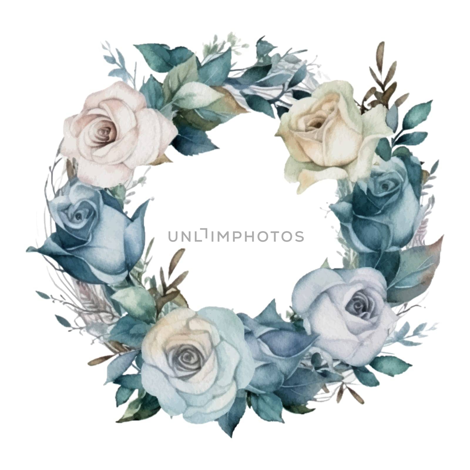 White and Blue Roses Wreath Watercolor Illustration - Mother Watercolor Clipart. Design element for mother's day, decoration, planner sticker, sublimation and more.