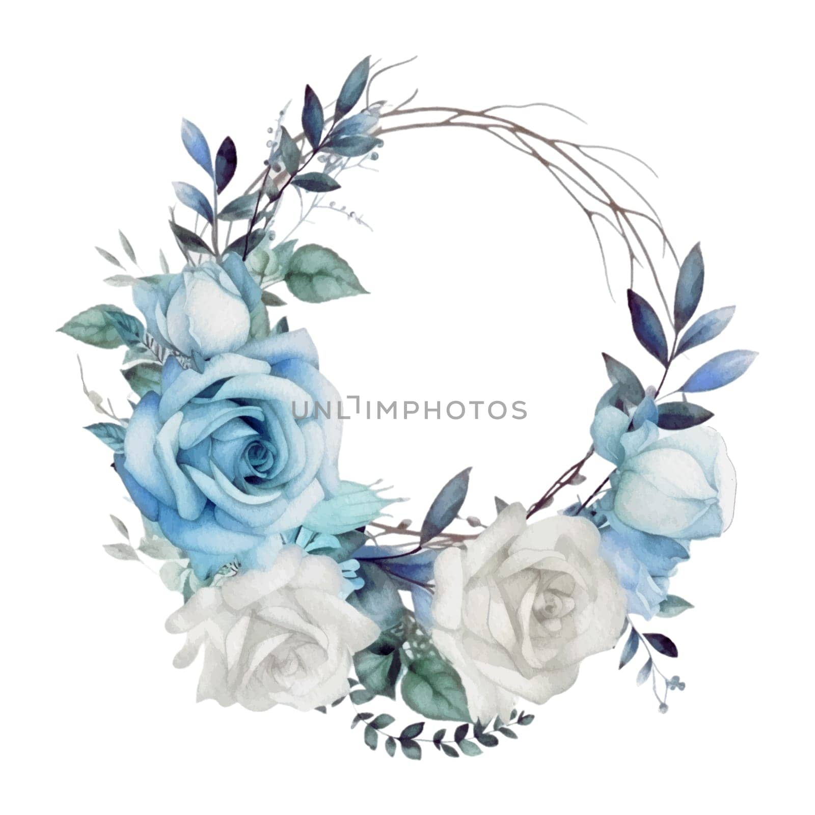 White and Blue Roses Wreath Watercolor Illustration - Mother Watercolor Clipart. Design element for mother's day, decoration, planner sticker, sublimation and more.