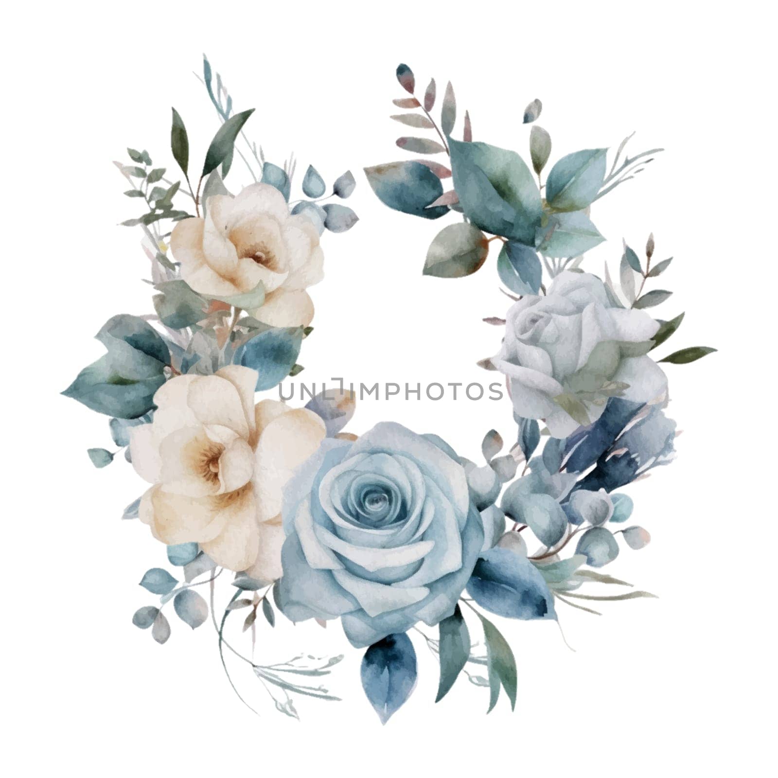 White and Blue Roses Wreath Watercolor Illustration - Mother Watercolor Clipart. Design element for mother's day, decoration, planner sticker, sublimation and more.