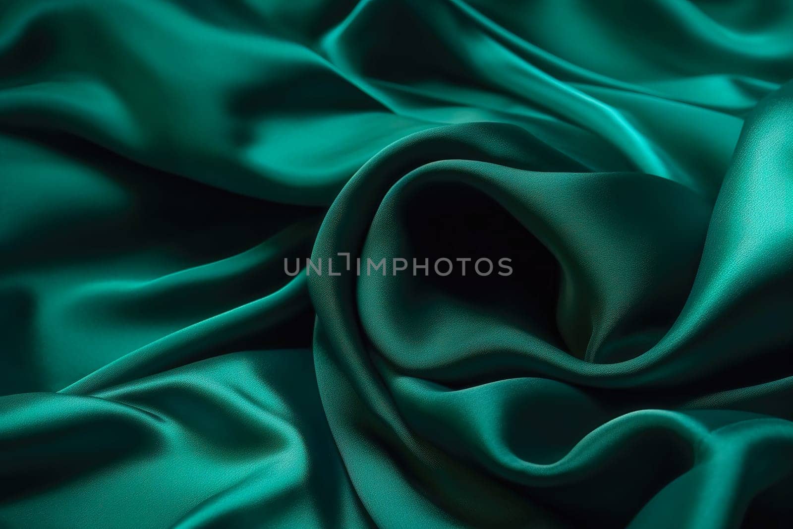 Texture of green silk fabric. Beautiful emerald green soft silk fabric background.