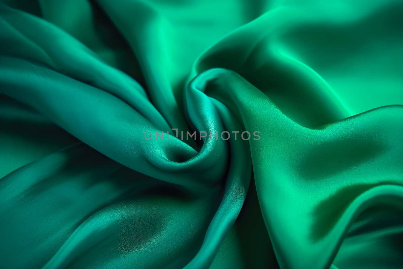 Texture of green silk fabric. Beautiful emerald green soft silk fabric background.