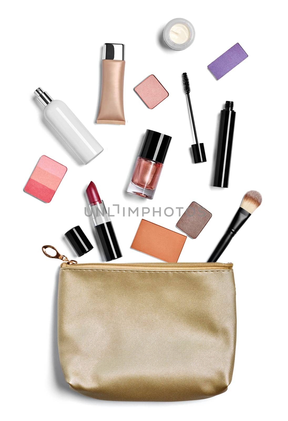 close up of a vanity case full of make up on white background