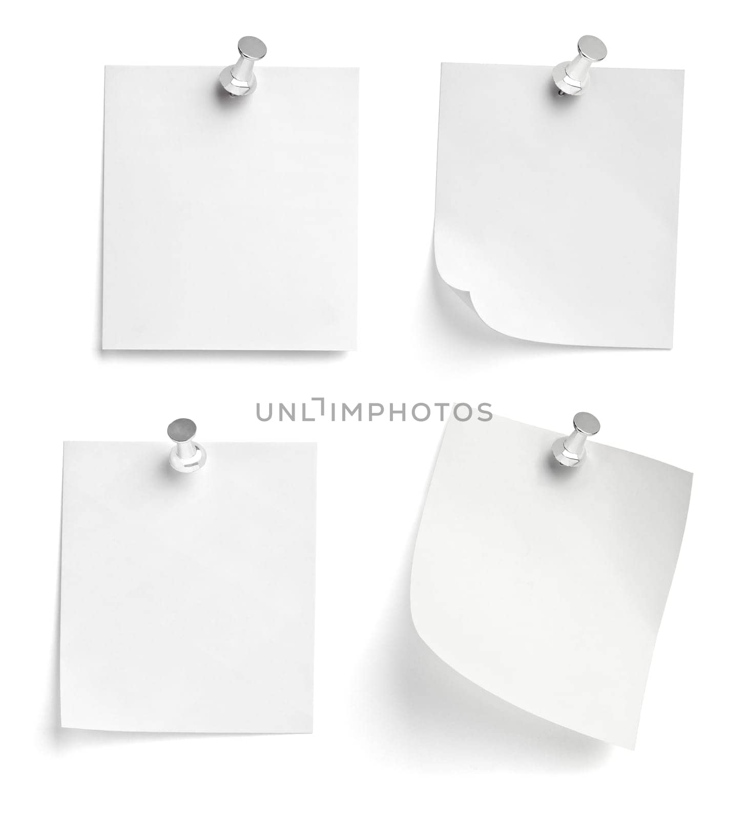 collection of various note paper with a push pin on white background