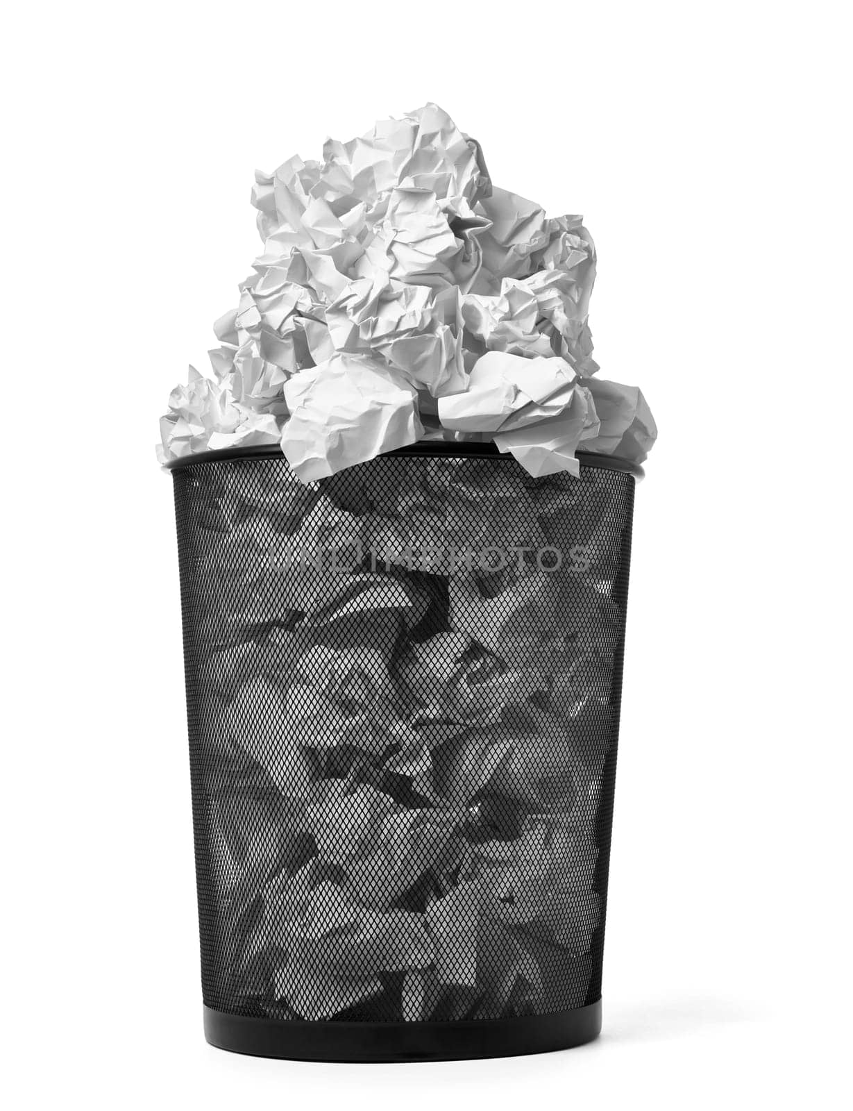 close up of a paper ball trash bin rubbish on white background