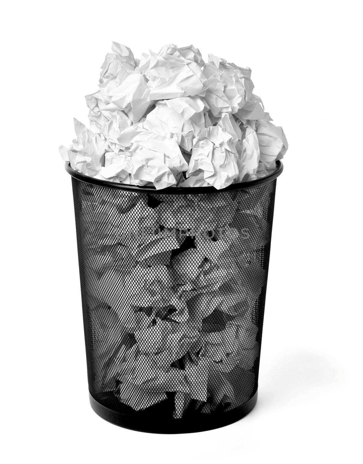 close up of a paper ball trash bin rubbish on white background