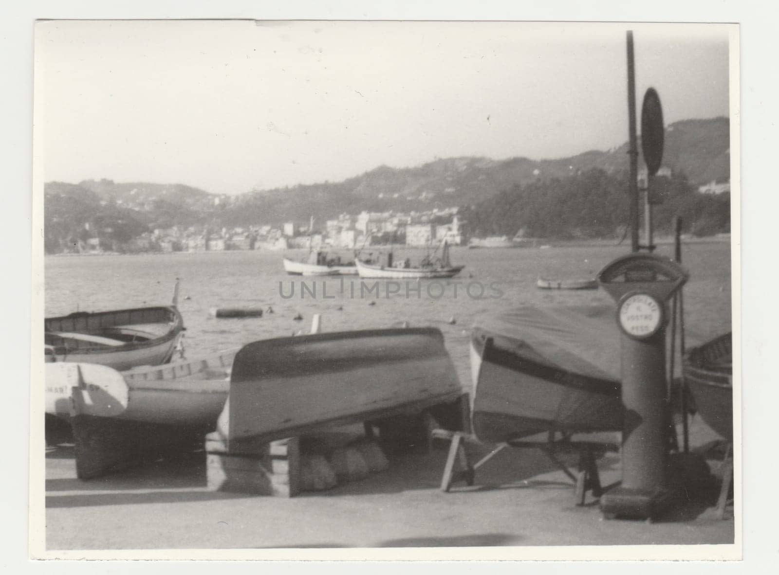 ITALY - CIRCA 1970s: Vintage photo shows the Italian riviera. Retro black and white photography. Circa 1970s.