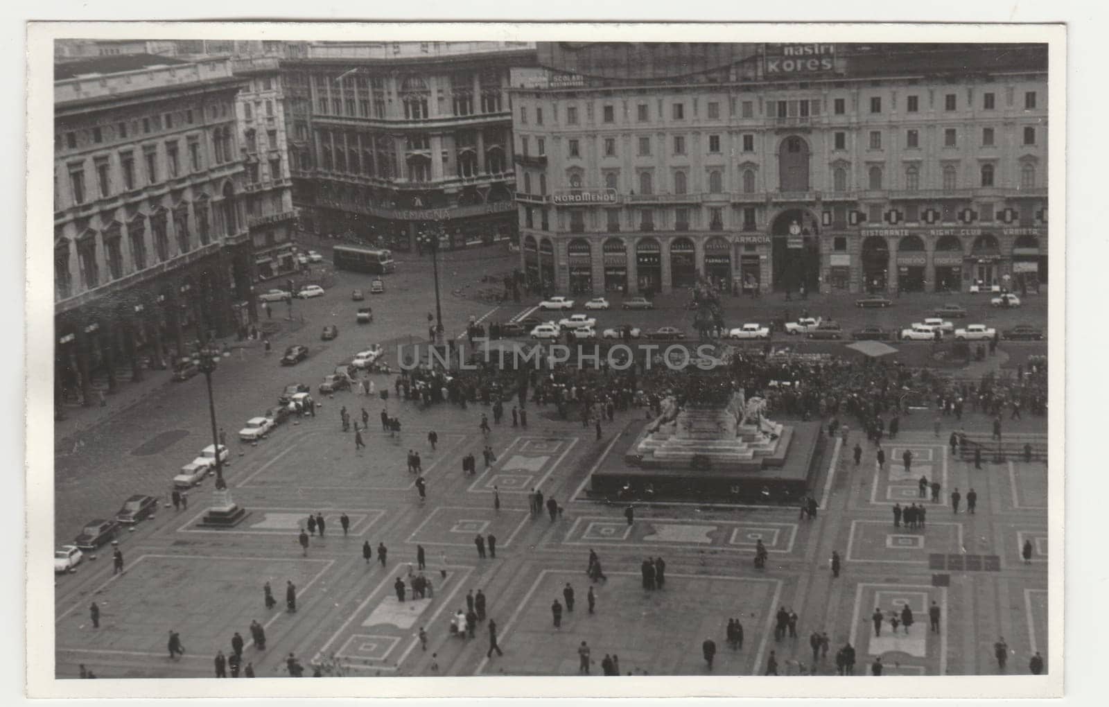 Vintage photo shows the Italian town - square. Retro black and white photography. Circa 1970s. by roman_nerud