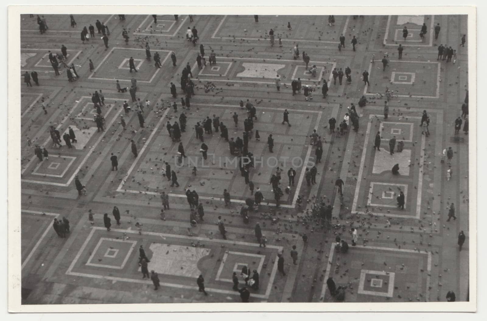 Vintage photo shows the Italian town - square. Retro black and white photography. Circa 1970s. by roman_nerud