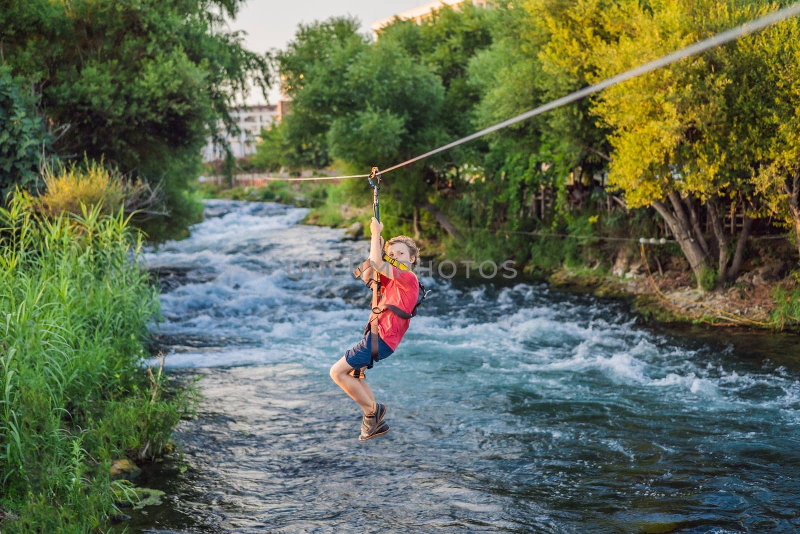 Kid Zipline, Zipline Over the River. Kid Adventure.