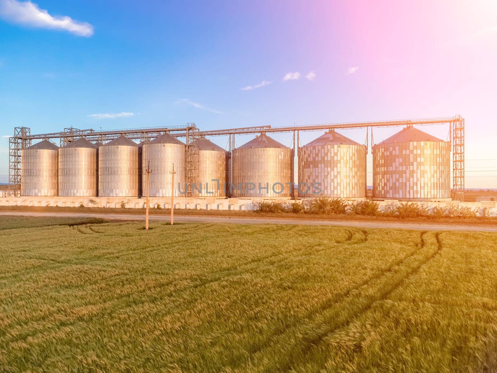 Grain elevator. Metal grain elevator in agricultural zone. Agriculture storage for harvest. Grain silos on green nature background. Exterior of agricultural factory. Sunset warm light. Nobody. by panophotograph