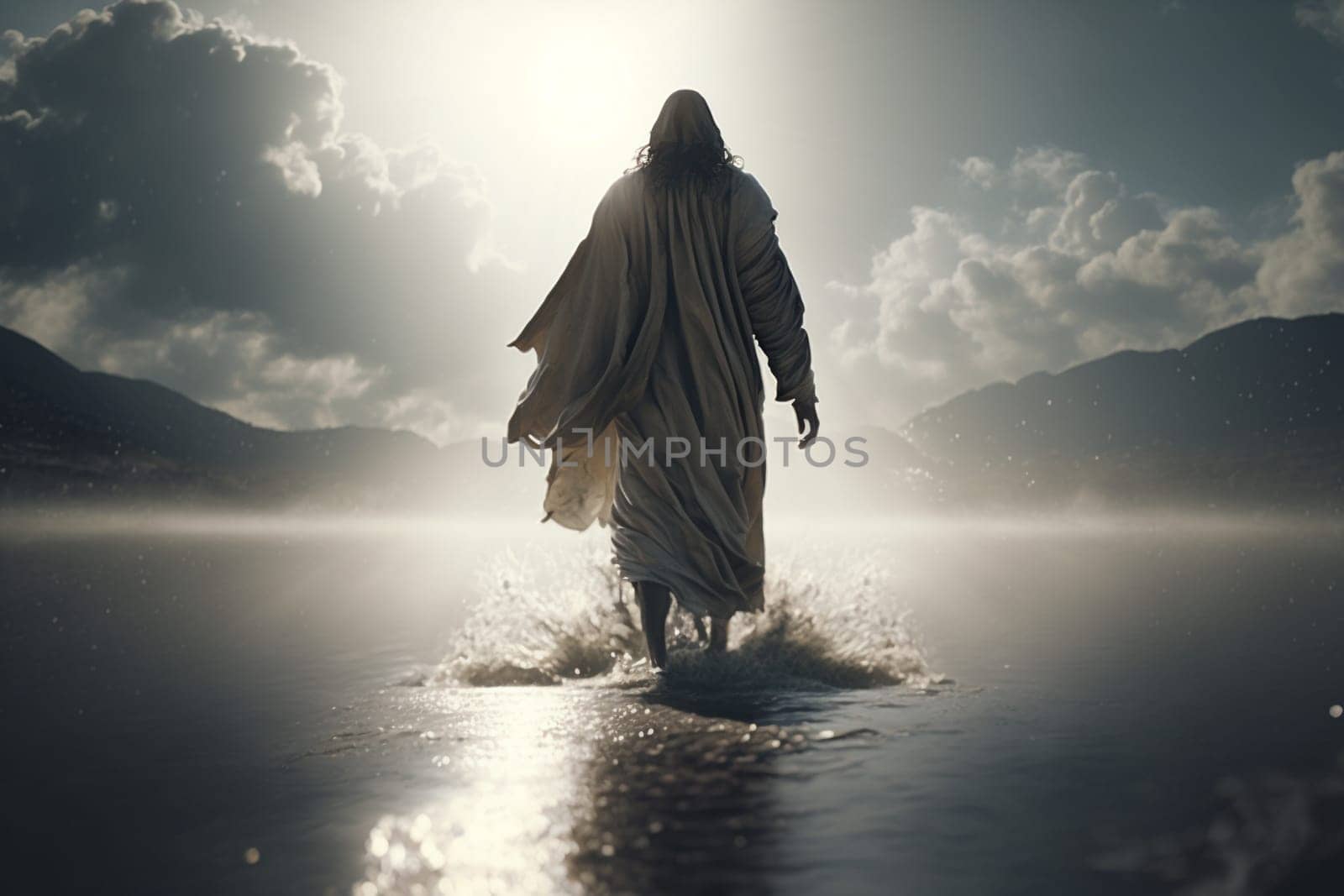 Jesus Christ walks on water. Religious concept . Bible. Faith. Drawing with paints. Painting.