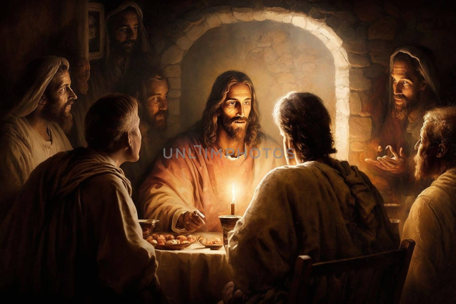 The Last Supper. The religious concept of the assembly of Jesus Christ with the 12 apostles. Bible. Faith. Drawing with paints. Painting.