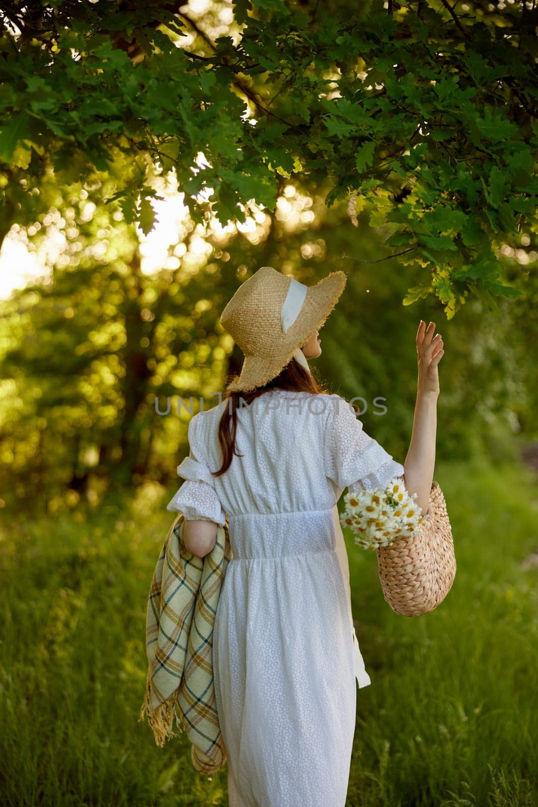 a woman in a light dress and a wicker hat with a basket and a plaid in her hands walks through the forest in sunny weather. Photo from the back by Vichizh