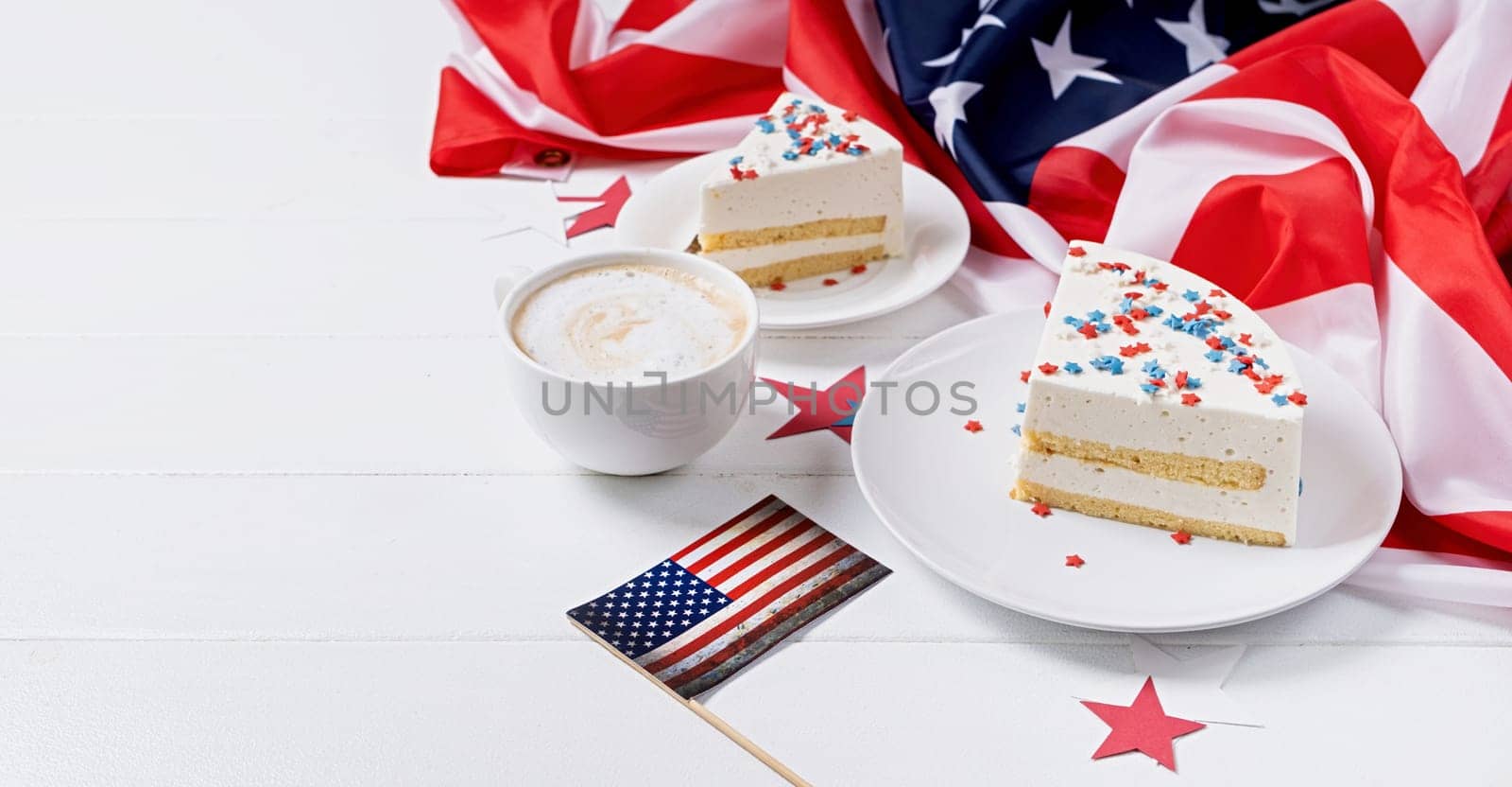 Fourth of july celebration. Sweet cake with usa flag colored sprinkles and stars , flag background
