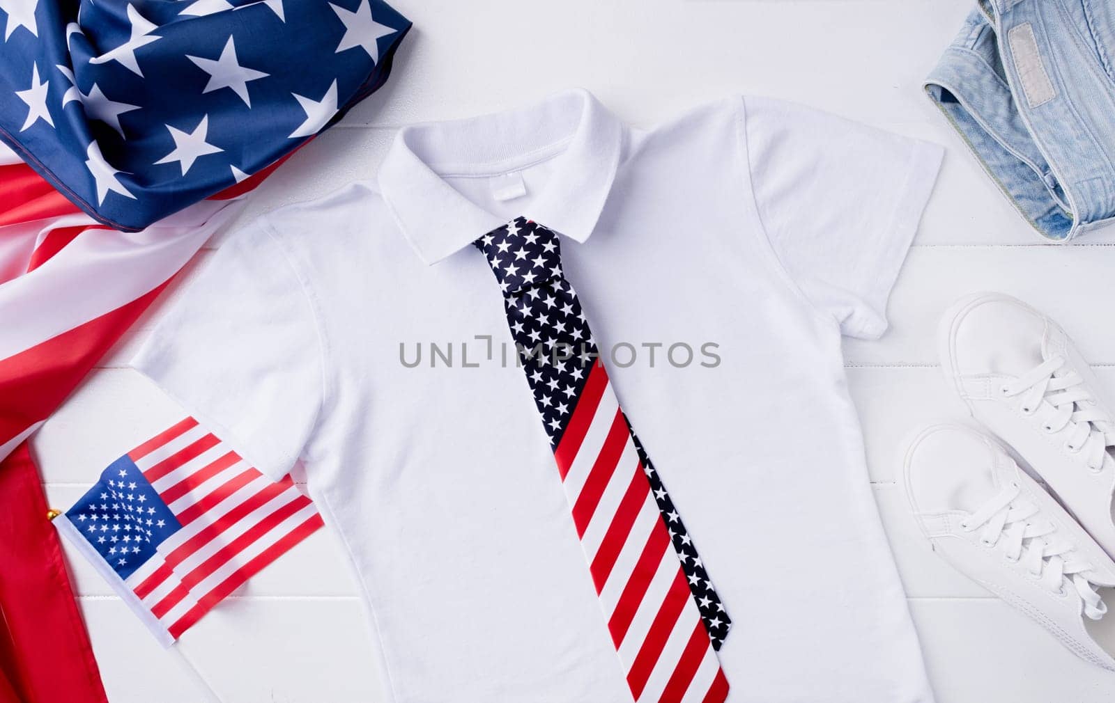 White polo shirt with usa flag for mockup design, fourth july celebration by Desperada