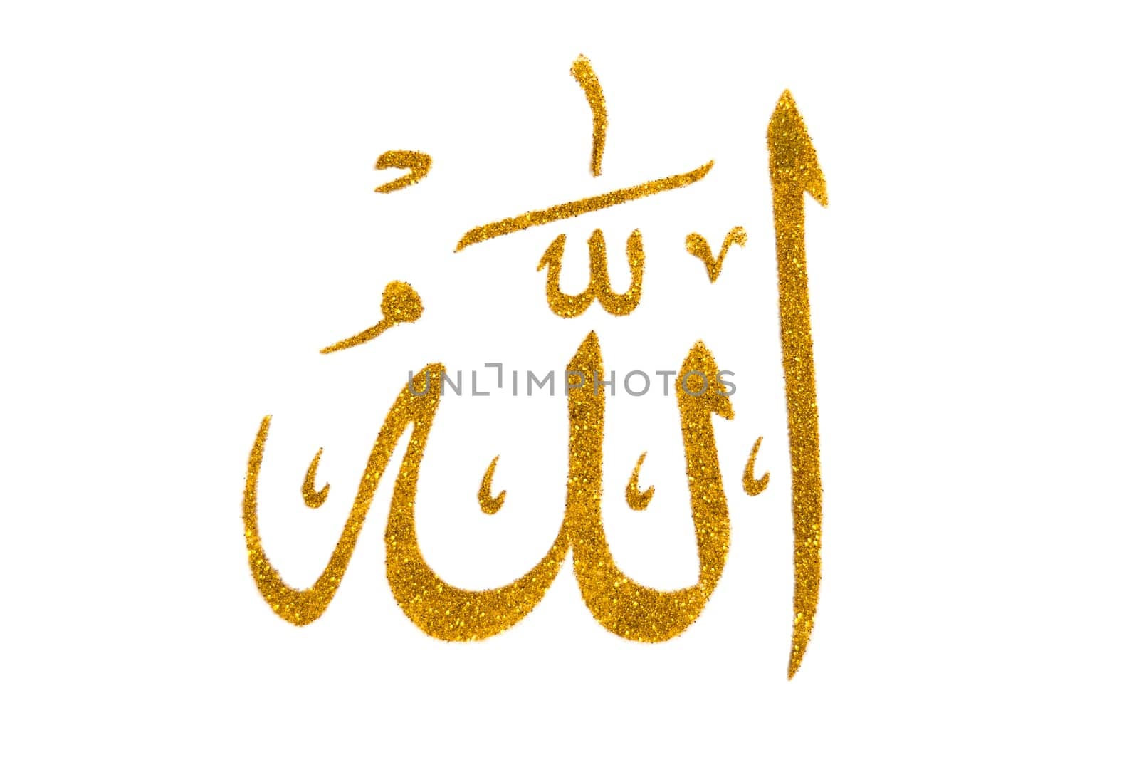 Allah bismillah names writen by glitter. Golden and shiny calligraphy of islam god. Isolated on white, top view