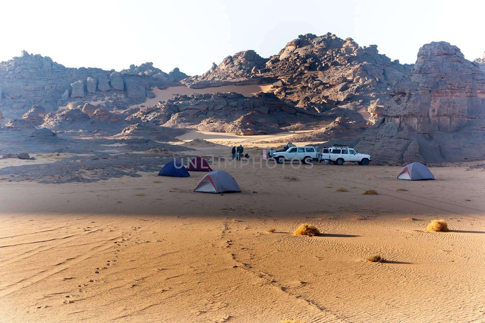 Camp tended in the Akakus, Sahara desert, Libya, Africa