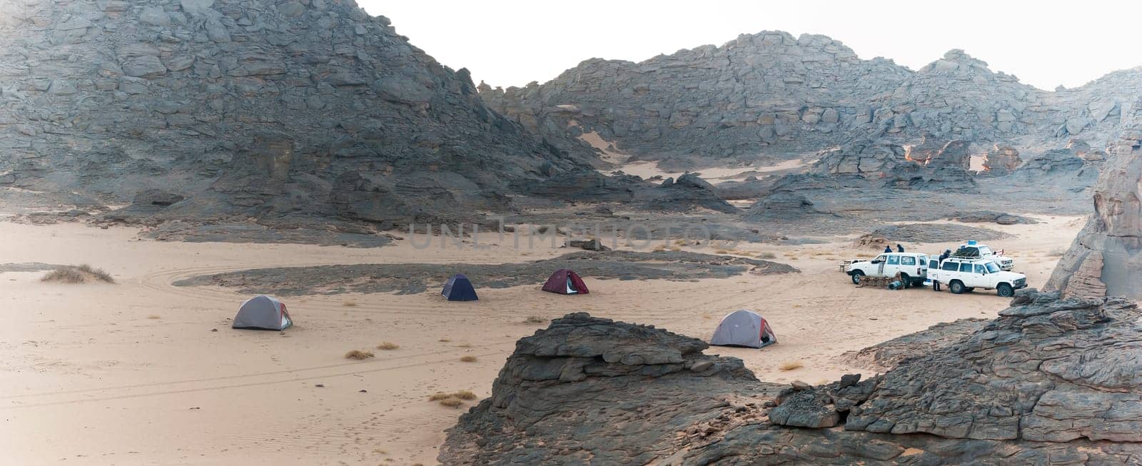 Camp tended in the Akakus, Sahara desert, Libya, Africa