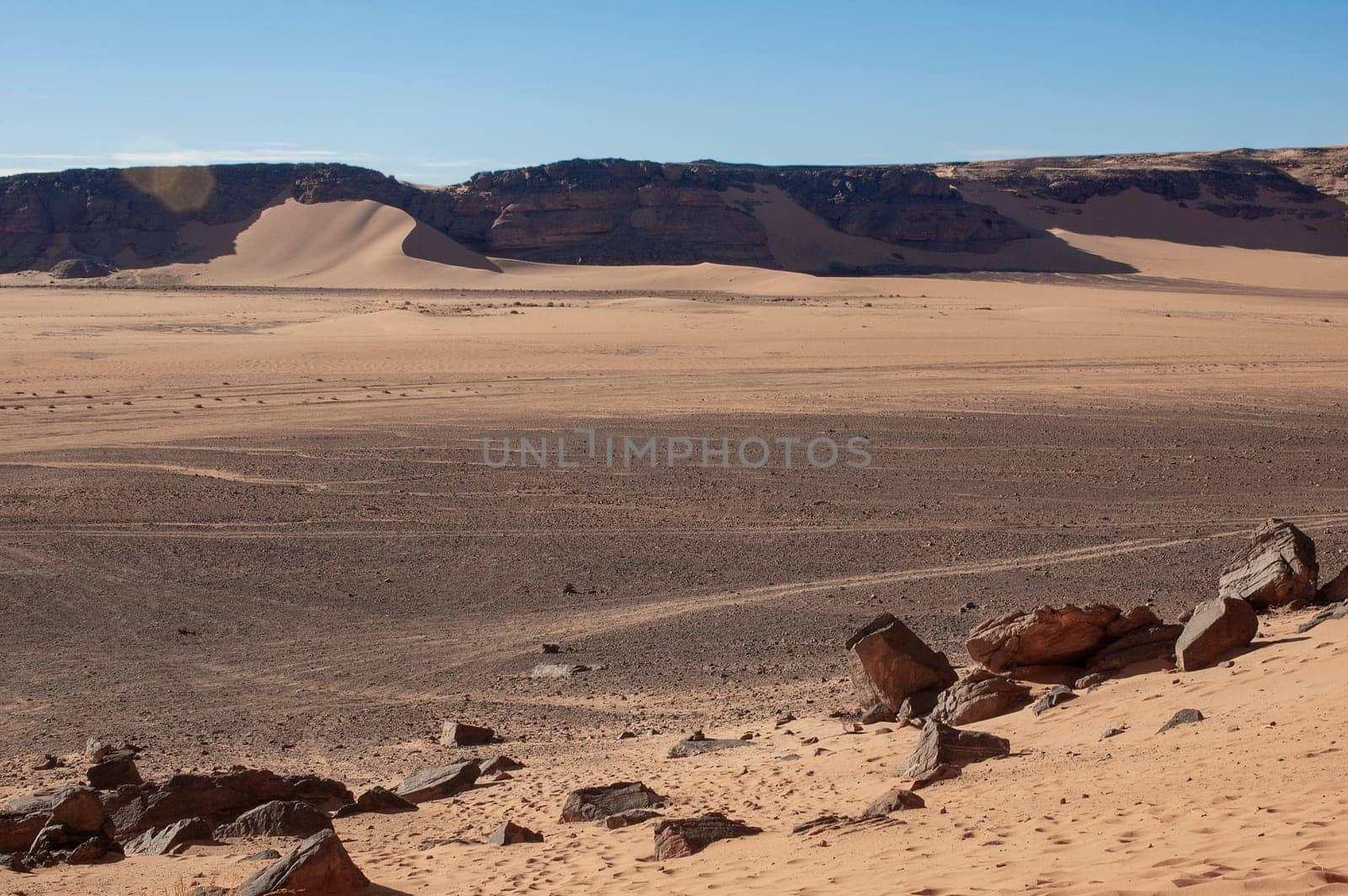 Sandstone rock formations in Akakus (Acacus), Sahara Desert, Libya.