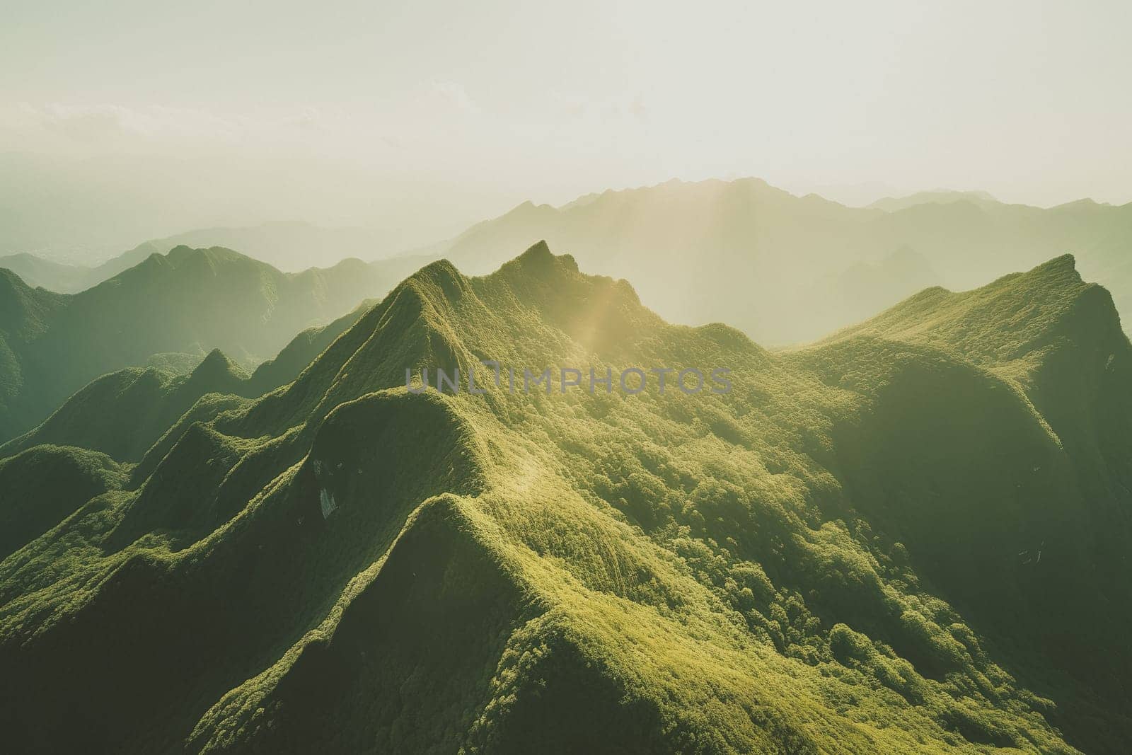 Beautiful sunrise over the green mountains in morning light with fluffy clouds on a bright blue sky. Nature freshness concept.