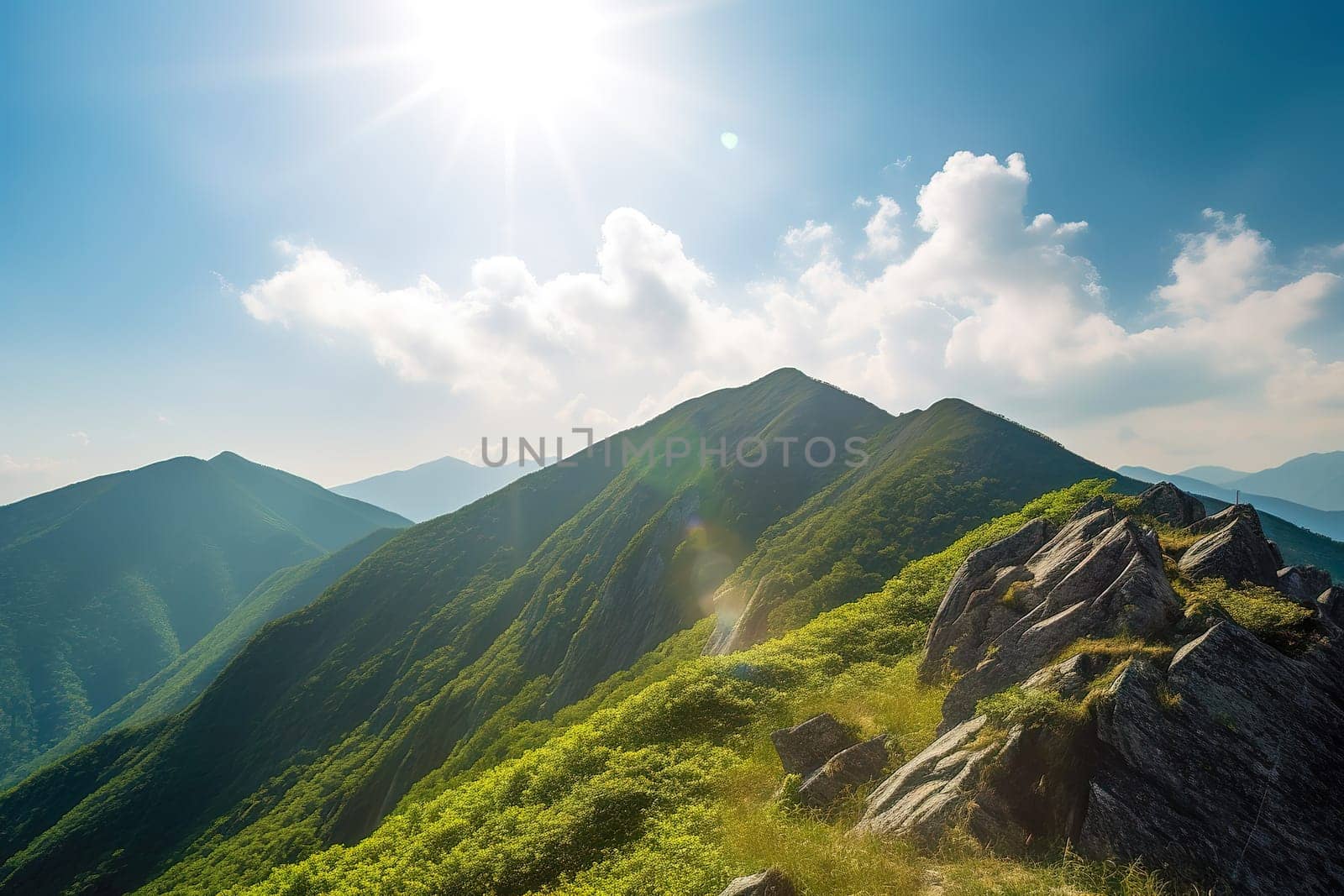 Beautiful sunrise over the green mountains in morning light with fluffy clouds on a bright blue sky. Nature freshness concept.