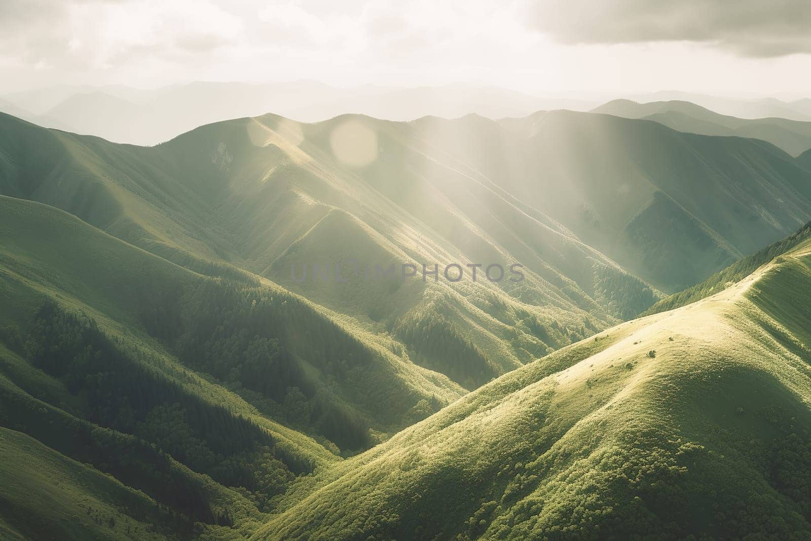 Beautiful sunrise over the green mountains in morning light with fluffy clouds on a bright blue sky. Nature freshness concept.