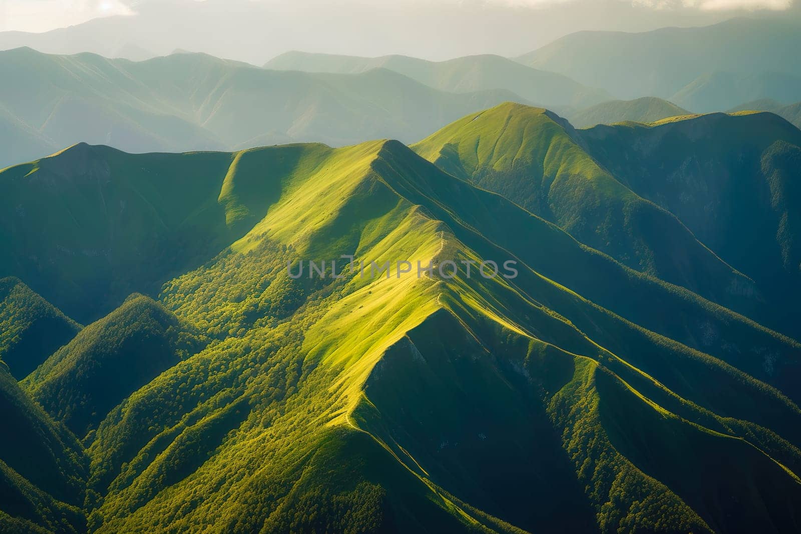 Beautiful sunrise over the green mountains in morning light with fluffy clouds on a bright blue sky. Nature freshness concept.