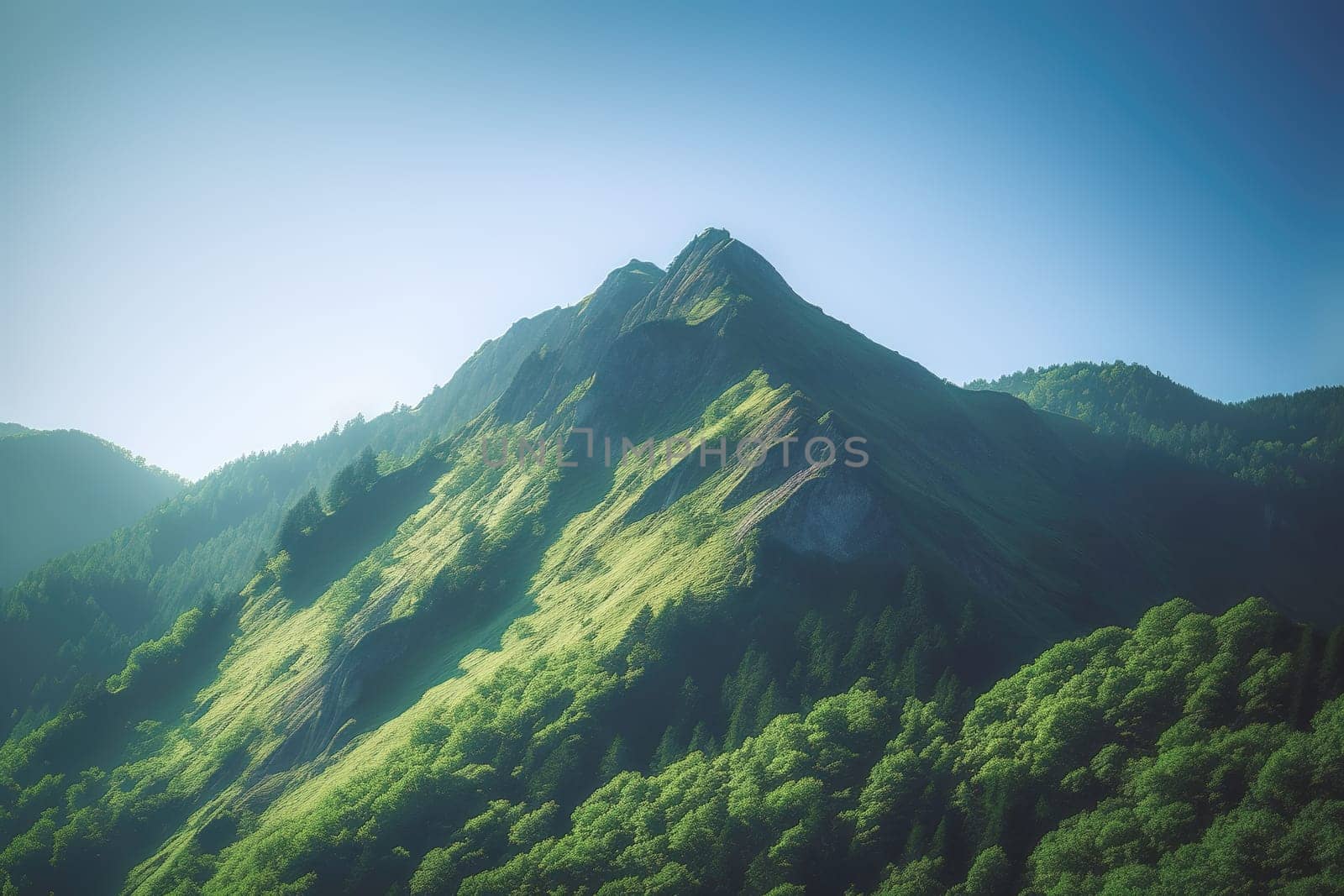 Beautiful sunrise over the green mountains in morning light with fluffy clouds on a bright blue sky. Nature freshness concept.