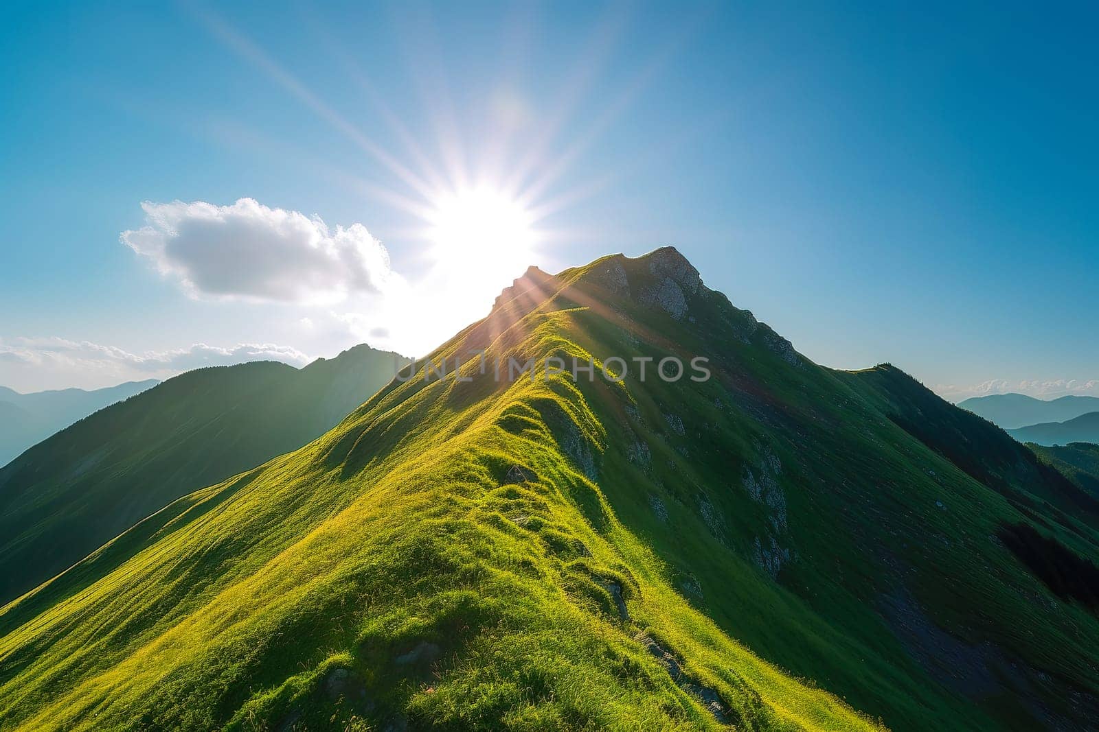 Beautiful sunrise over the green mountains in morning light with fluffy clouds on a bright blue sky. Nature freshness concept.