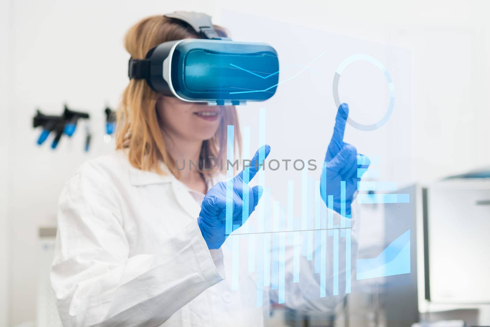Scientist in lab coat and virtual reality VR goggle uses AR augmented reality for analysis of data. Metaverse NFT game concept.