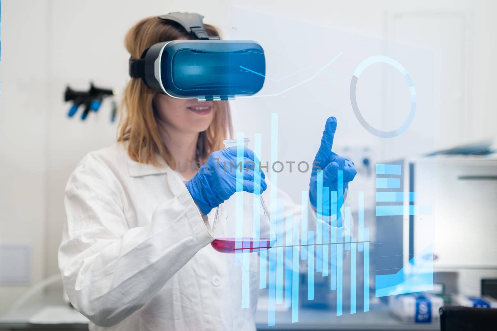 Scientist wearing VR goggles, lab coat, holding flask analyse data in Metaverse digital cyberspace with virtual reality. NFT technology of future entertainment.
