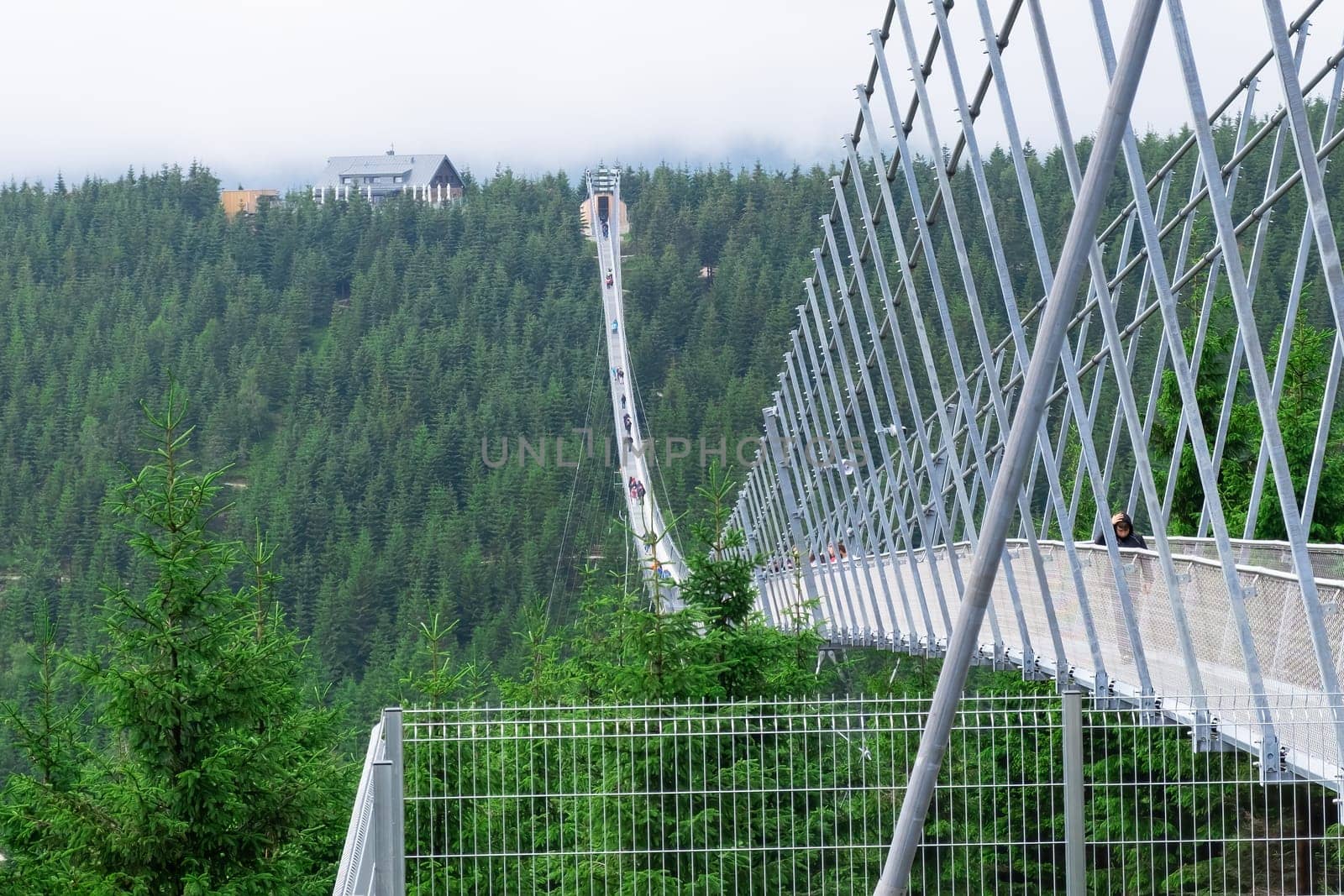 Suspension bridge iron piers of Sky Bridge 721, Dolni Morava, Czech Republic, close up.